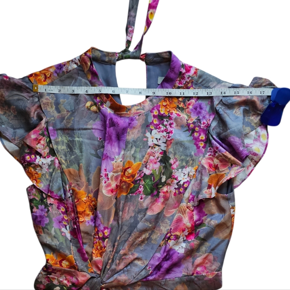 All Saints Jemille Lucia Silk Blend Lined Mini Dress Flutter Sleeves Grey Floral - Picture 14 of 16